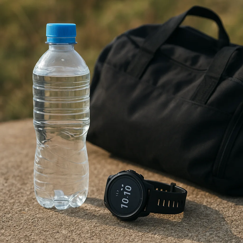 Bouteille d’eau et matériel de sport pour illustrer l’hydratation avant et après l’effort