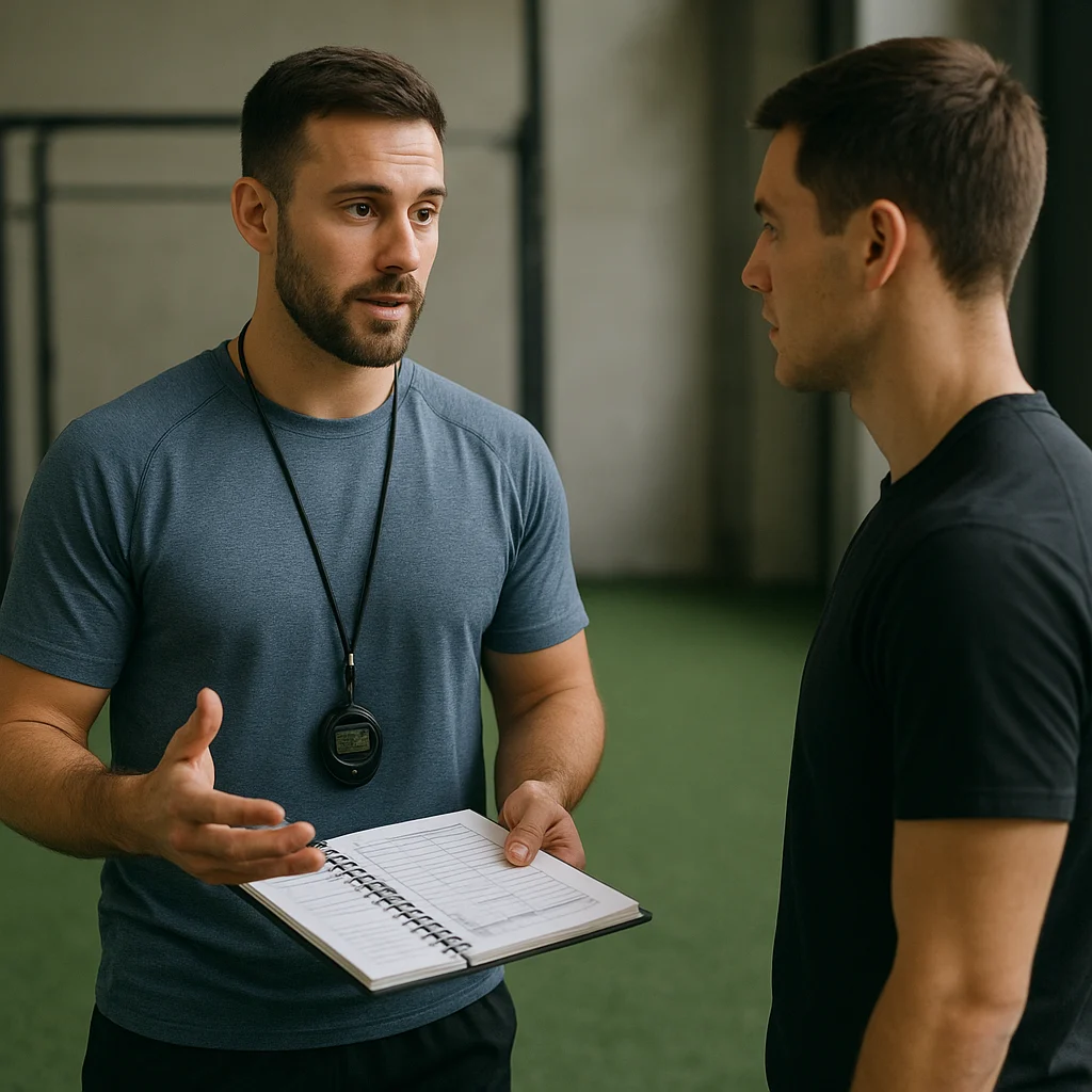 Préparation physique avant une saison : comment arriver prêt sans se blesser ? 2 Coach sportif présentant un plan de préparation physique progressive