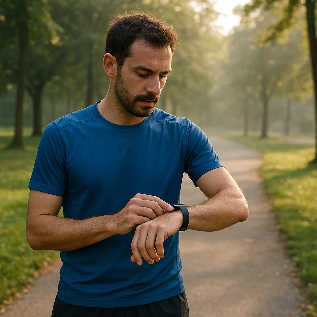Coureur consultant sa fréquence cardiaque avant une sortie de course à pied