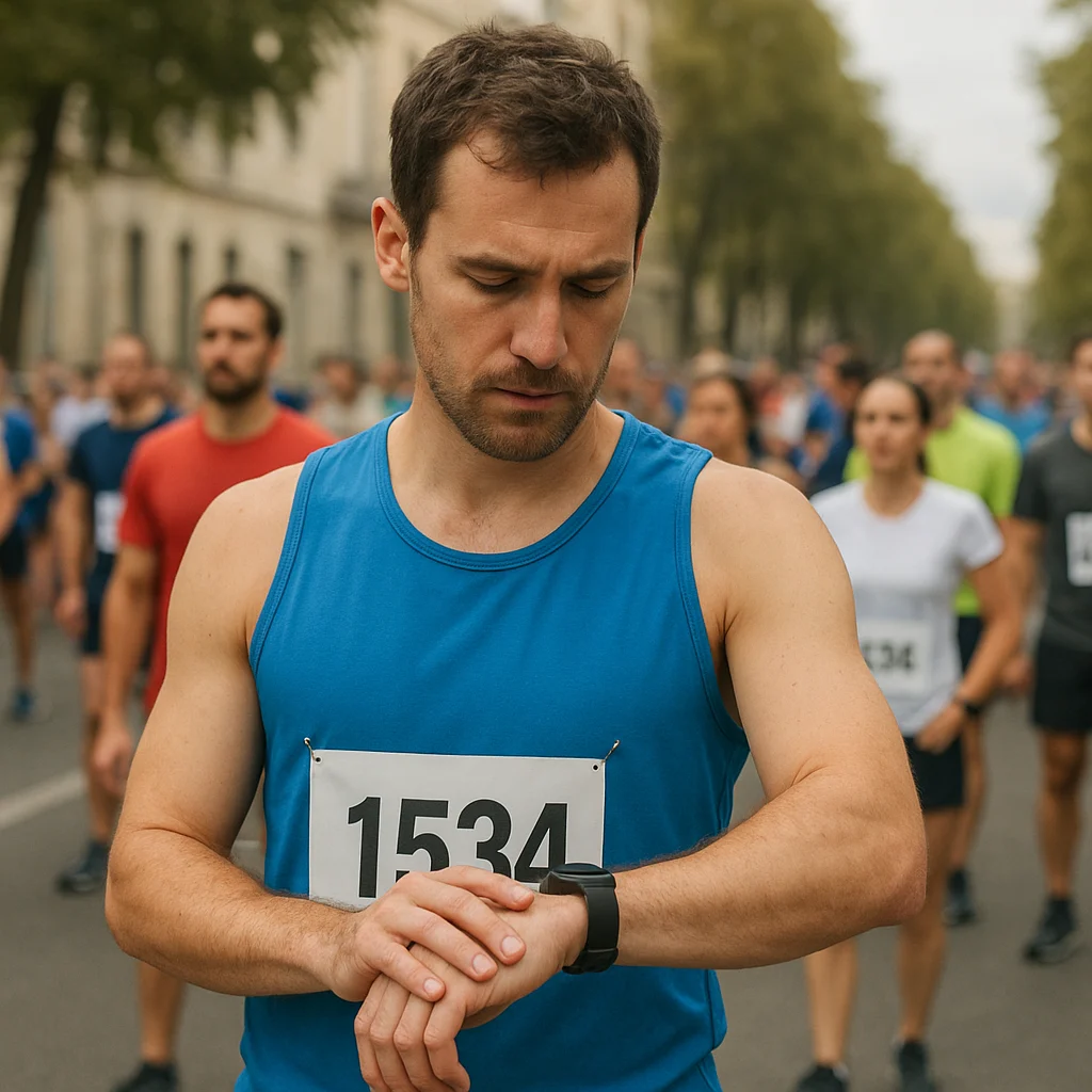 Coureur vérifiant sa fréquence cardiaque avant un marathon