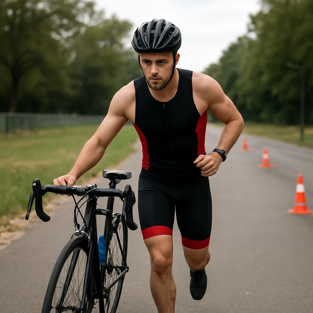 Débuter le triathlon : plan simple, erreurs à éviter et conseils pour progresser 3 Débutant en triathlon pendant une séance de transition vélo-course à pied