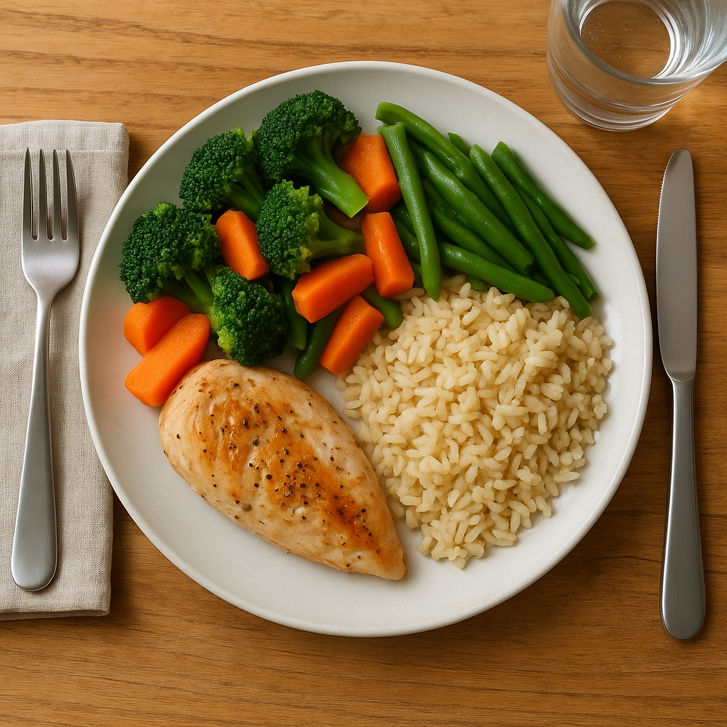 Exemple visuel d’une assiette équilibrée avec légumes, protéines et féculents