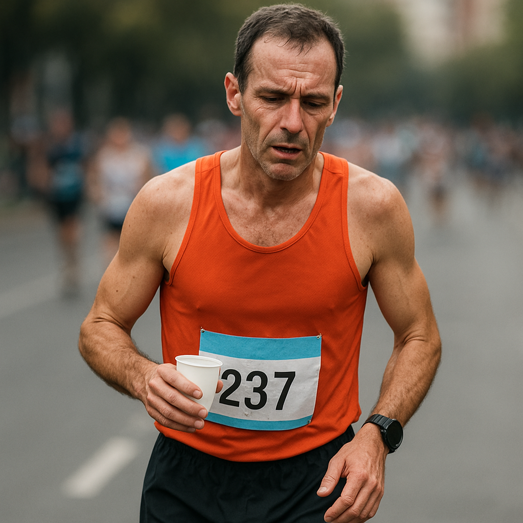 Coureur pendant un marathon contrôlant son allure et sa fréquence cardiaque