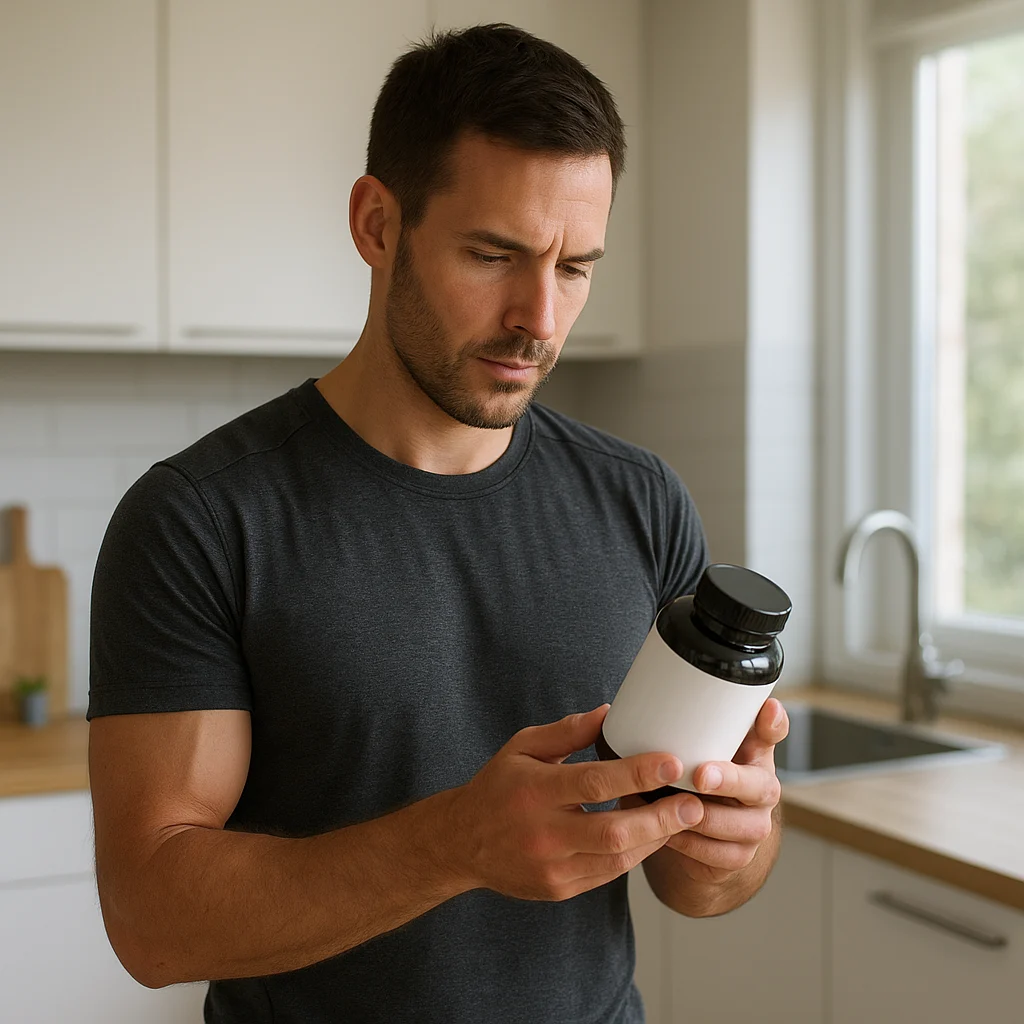 Faut-il prendre des compléments alimentaires ? Le point pour les sportifs 2 Sportif vérifiant l’étiquette d’un complément alimentaire avant utilisation