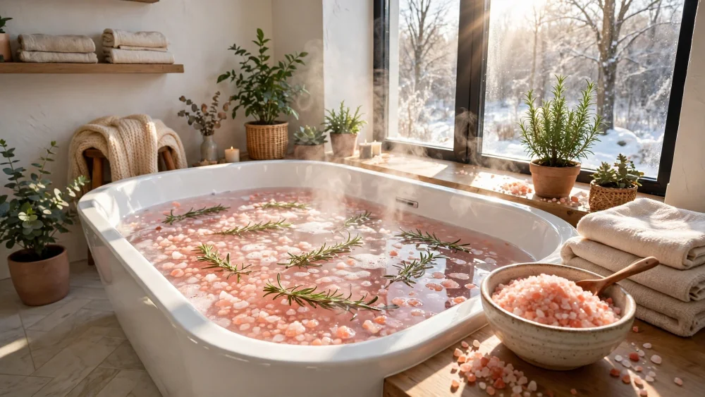 Bains revigorants pour prendre soin de soi en hiver 2 Baignoire blanche remplie d’eau rose et de sels roses, garnie de romarin, entourée de plantes et de lumière naturelle.