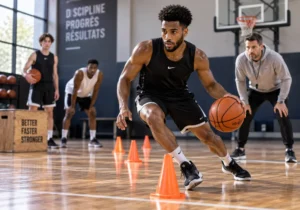 Préparation physique du basketteur : les bases pour être plus complet 3 basketteur musclé en noir dribble un ballon orange entre des cônes en bois, entouré de coaches et joueurs dans un gymnase