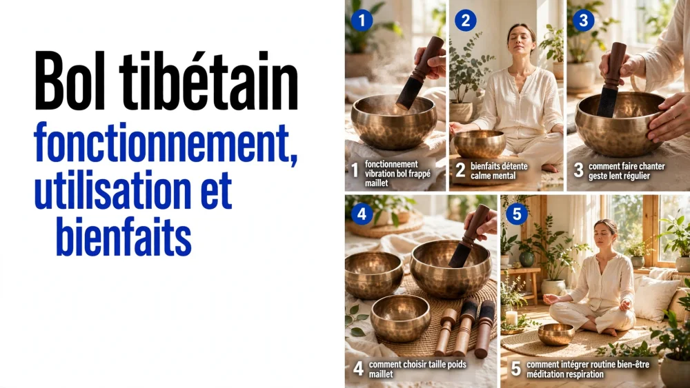 Plan composite à gauche un texte noir et bleu sur fond blanc, à droite une grille avec des bols tibétains et une personne méditant.