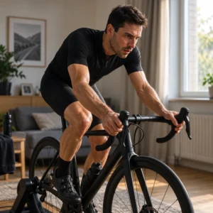 homme athletique en tenue de cycliste noire sur un velo de route fixe sur entraineur interieur dans un salon lumineux