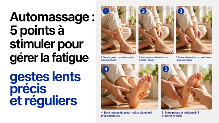 Collage montrant une personne vêtue de beige effectuant auto-massage du pied et de la cheville, sur un sol en bois avec plante en arrière-plan.