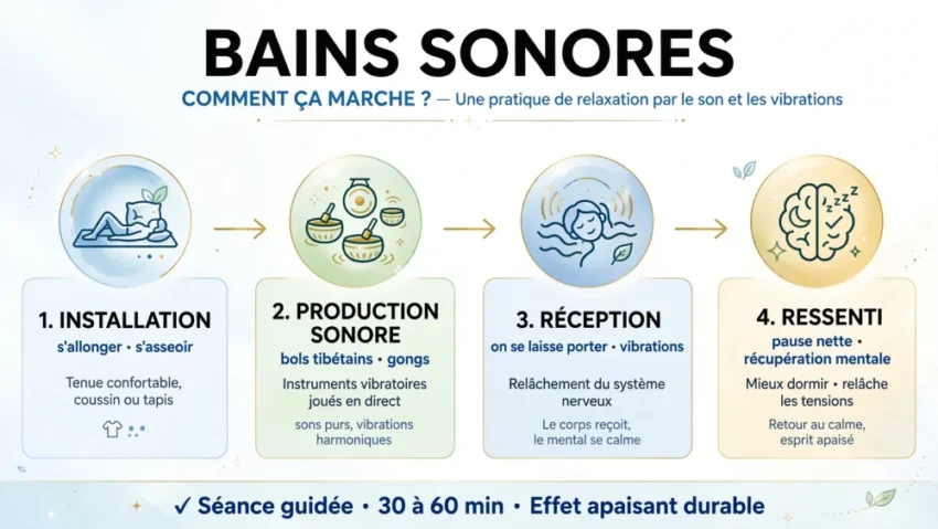 Infographie montrant quatre cercles alignés et reliés par des flèches: personne allongée, bols tibétains, visage détendu avec ondes autour de la tête, cerveau doré.